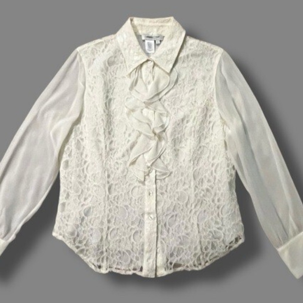 Coldwater Creek White Paisley Lace Romantic Ruffled Crinkle Blouse L NWT
